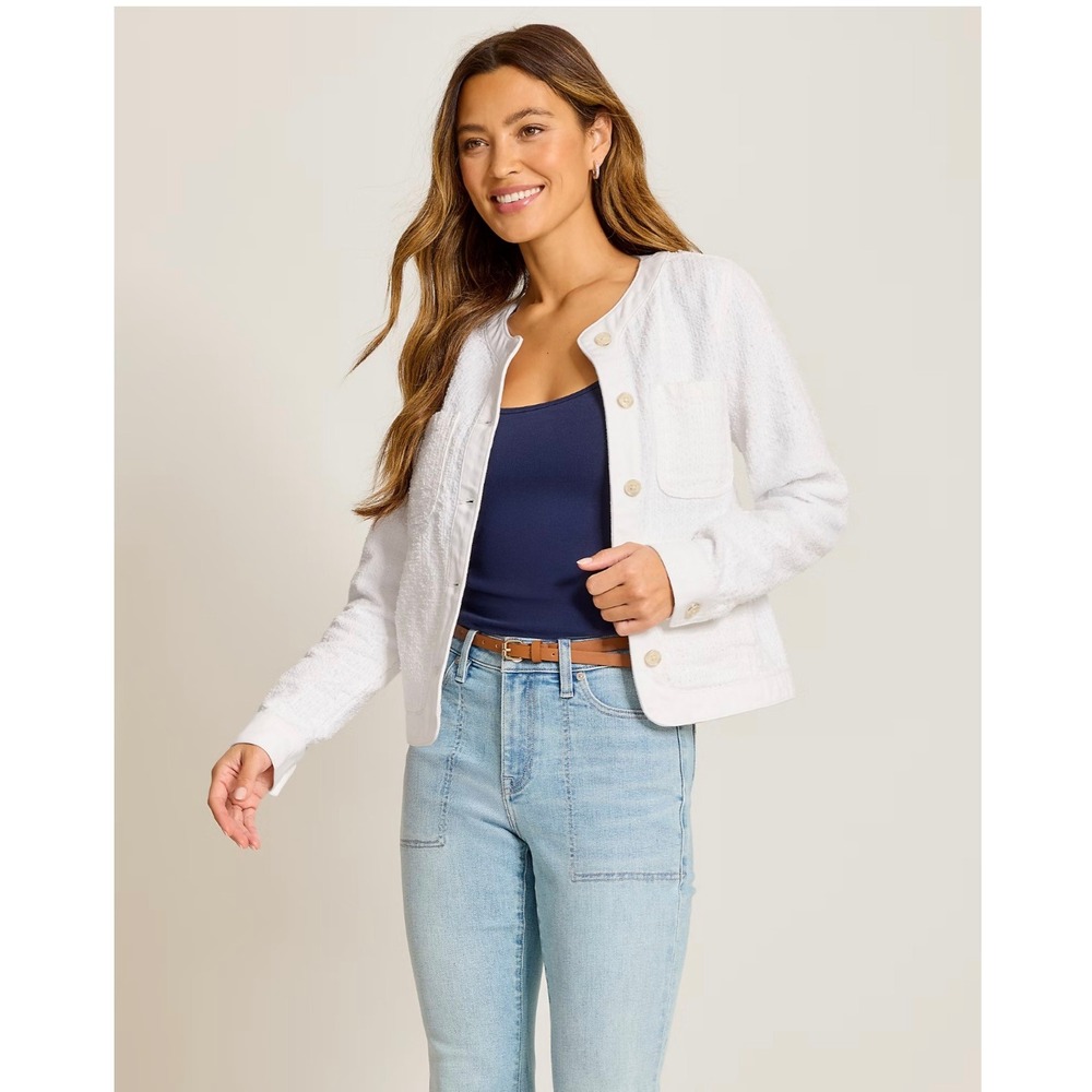 Tommy Bahama White Perforated Tweed Denim Cropped Jacket Womens Size Medium